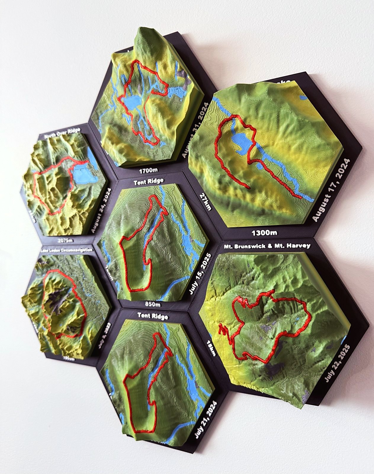 Six tiles of mountain hikes on a wall, including Tent Ridge, Lake Louise Circumnavigation and Mt. Brunswick and Mt. Harvey, each with the date on the frame.